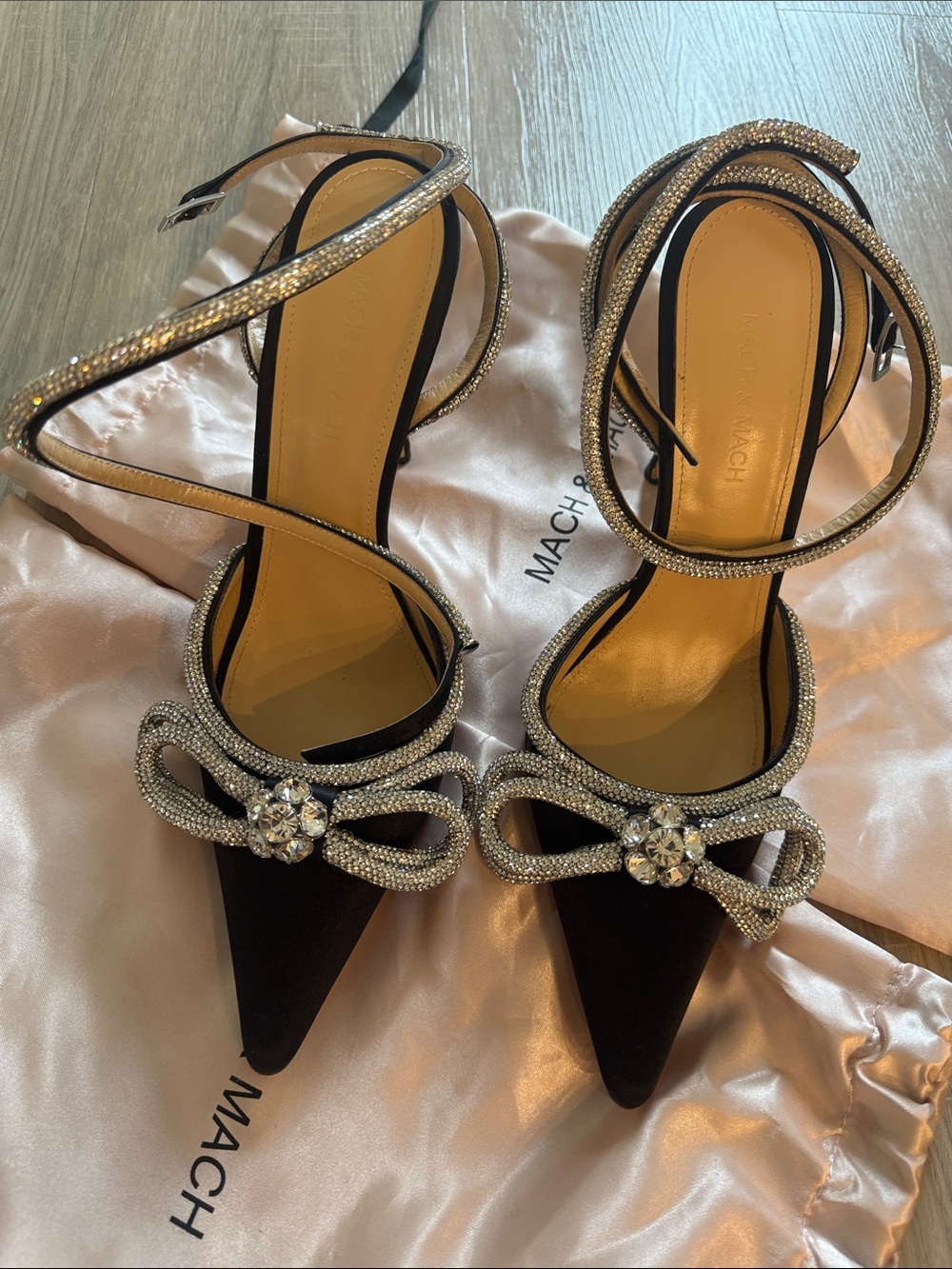 MACH & MACH Black Crystal Bow Pointed Toe Ankle Wrap Heels